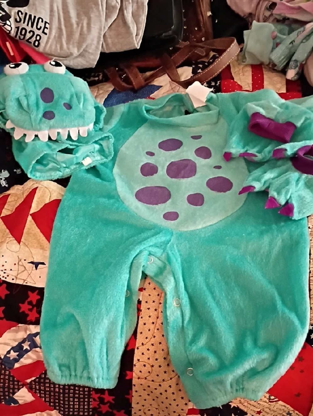 Teal Purple Dino Baby Costume - 4-Piece Set
